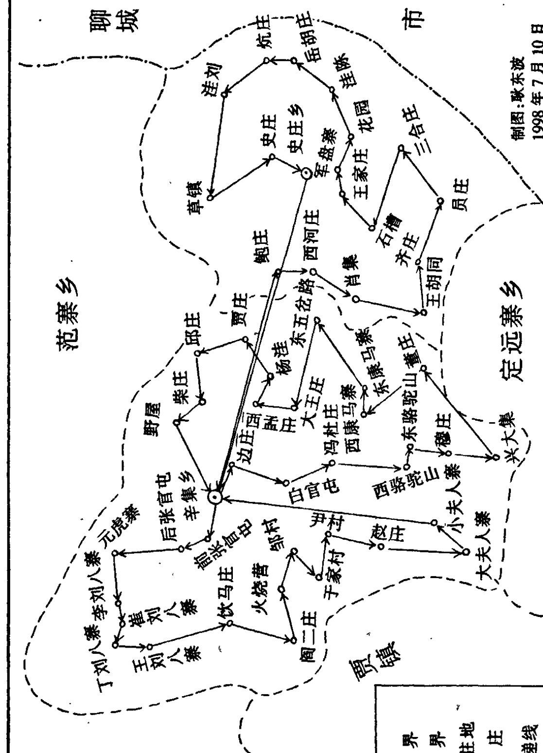 辛集乡农村投递网络图，显示了乡镇、村庄之间的连接线和投递路线。