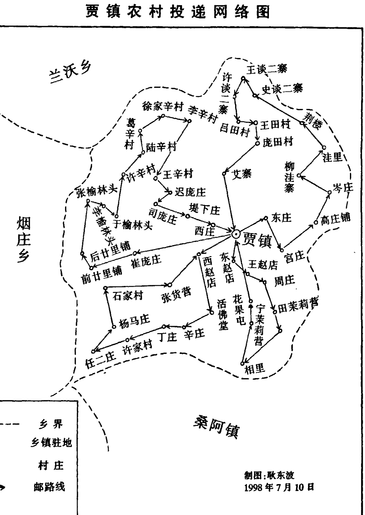 贾镇农村投递网络图，显示了乡镇边界、乡镇驻地、村庄和邮路线。
