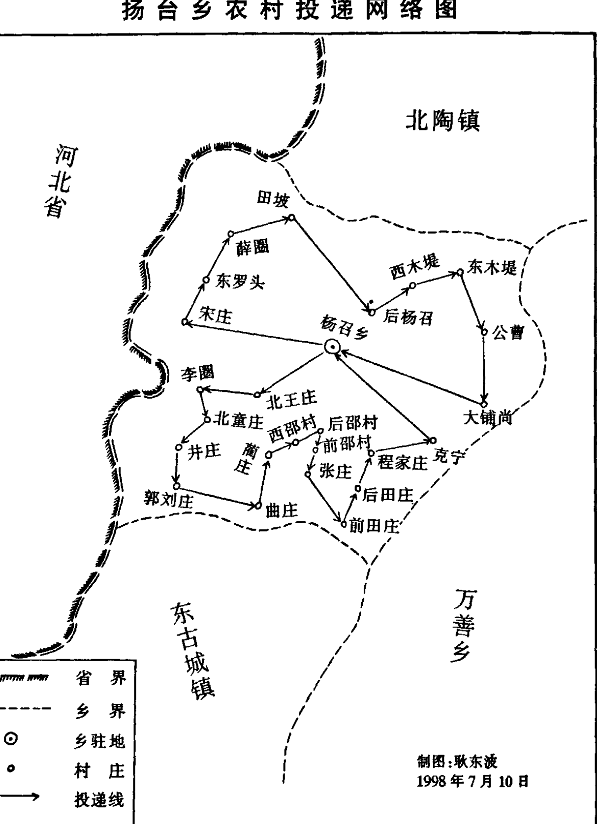 冠县邮电志之扬台乡农村投递网络图，描绘了河北省与各乡镇的边界，以及各村庄的投递路线。