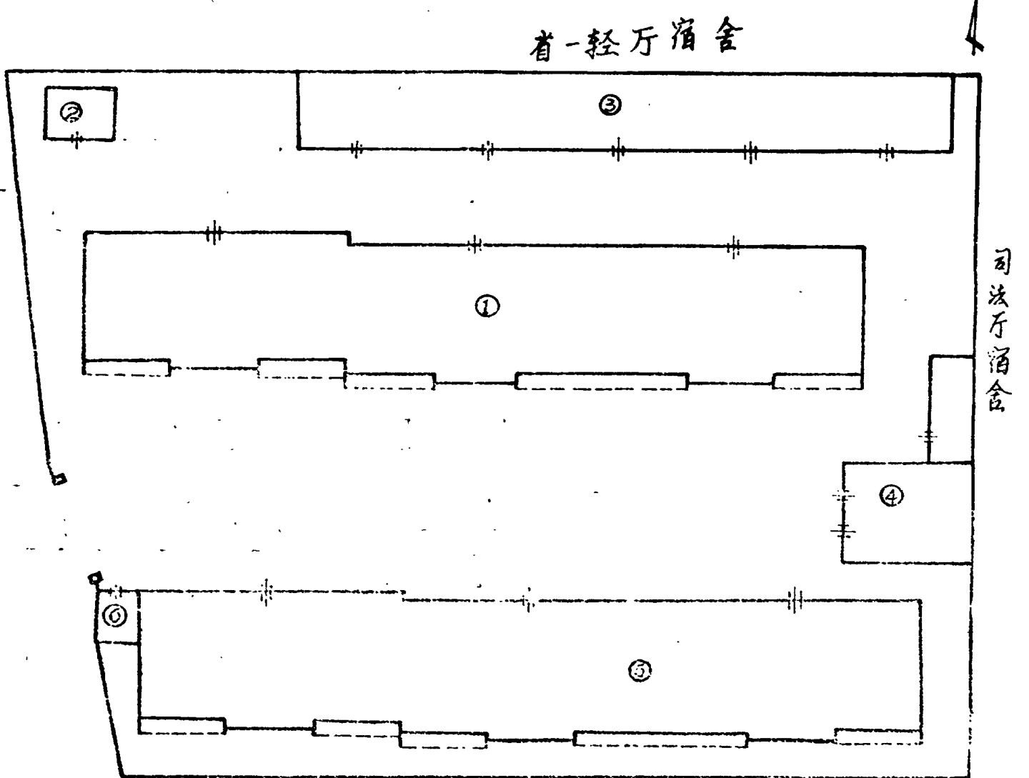 山东省无线电厂宿舍平面图，标有建筑编号和方位指北针