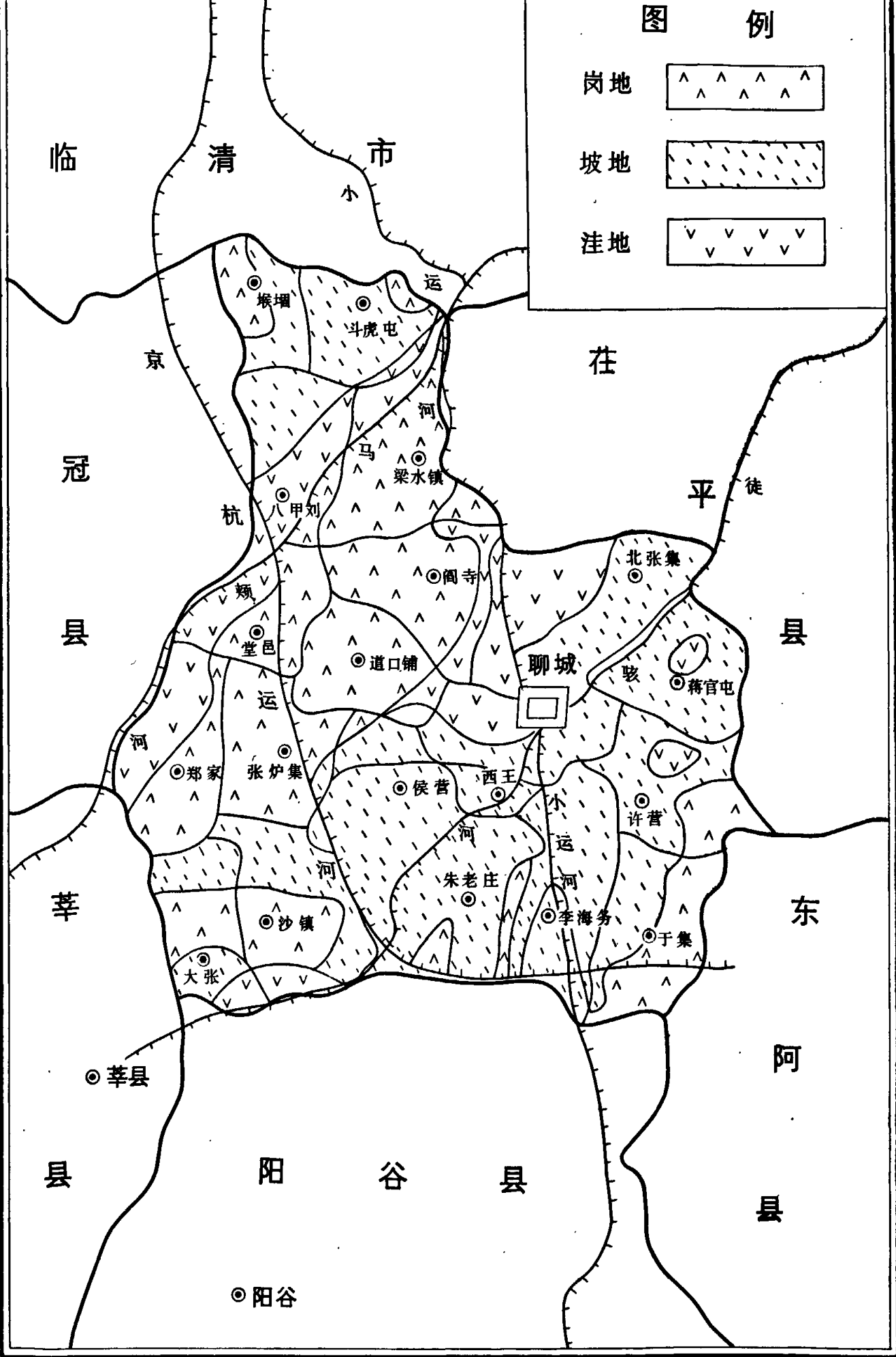 聊城市地貌示意图，包含图例