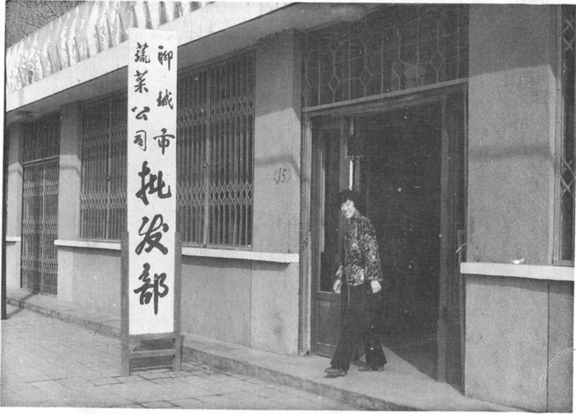 标有“聊城市蔬菜公司批发部”字样竖幅的建筑外景，门前有一位行人