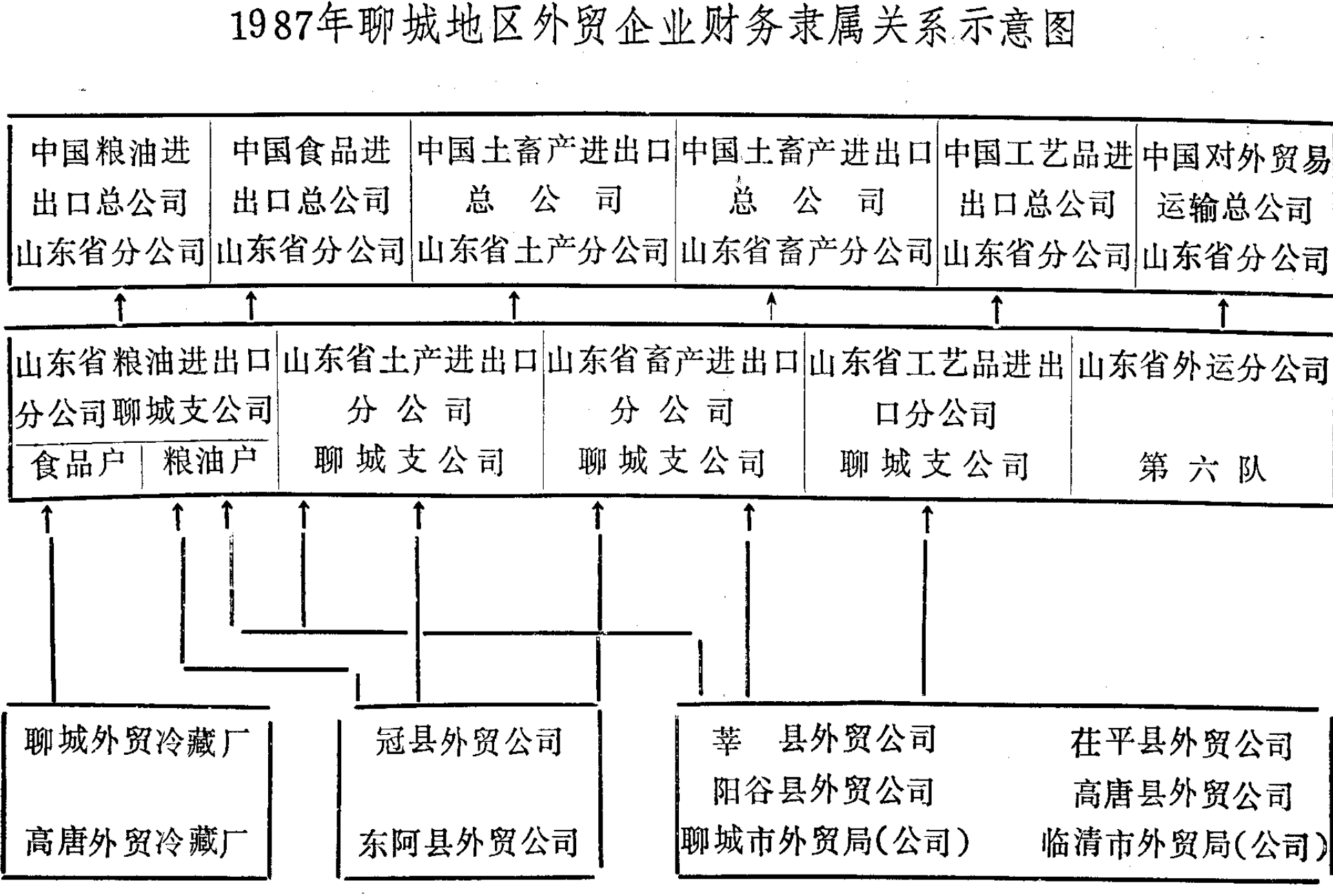 1987年山东省聊城地区外贸企业财务隶属关系示意图，包含各级公司和下属企业之间的层级和归属关系。