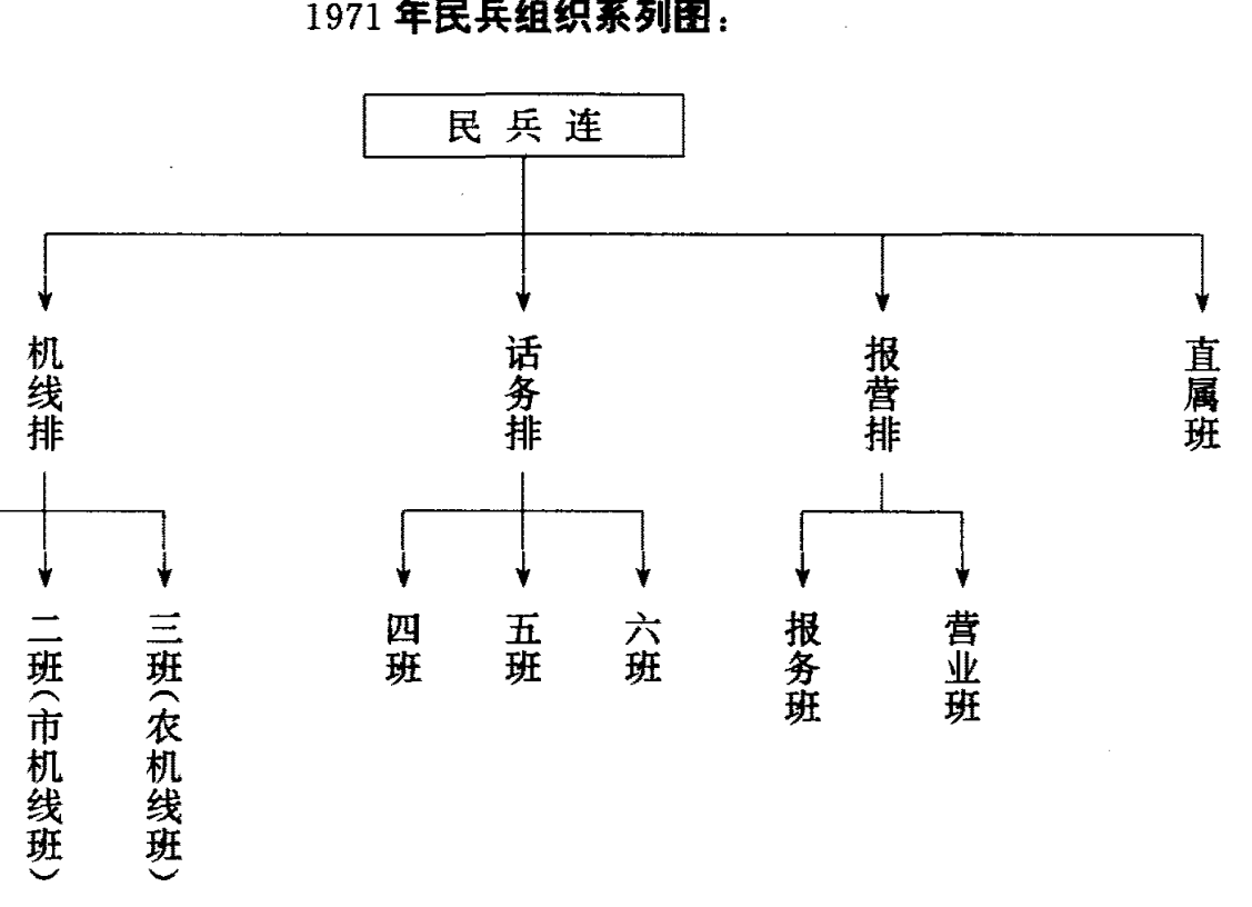 1971年民兵组织系列图，展示民兵连下设机线排、话务排、报营排和直属班的层级组织结构