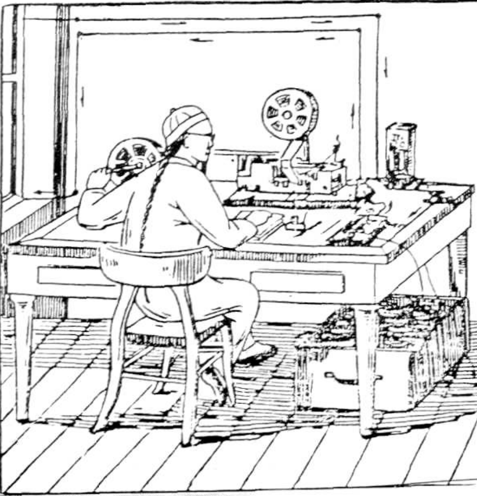 一名戴帽子的技术人员正在桌前操作莫尔斯机的线描图插画