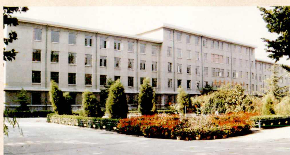 一栋三层教学楼，前面是绿化带和草坪