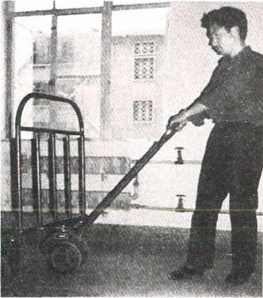 黑白照片显示一人正在推端轮邮件平盘托车