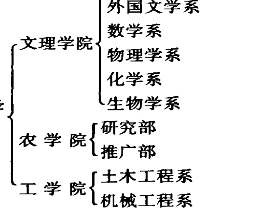 国立山东大学的院系设置示意图，包含文理学院、农学院、工学院及下属各系。