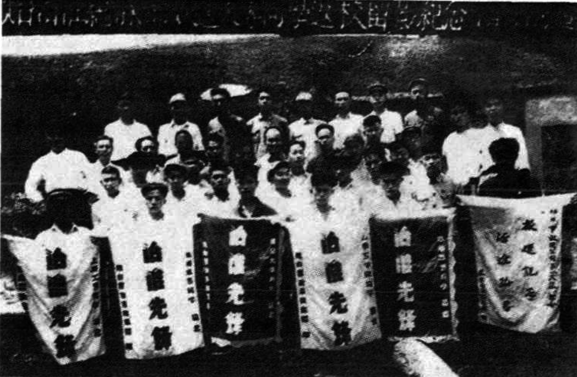 一群身穿校服的人员在户外合影，部分人员手持写有“治淮先锋”字样的旗帜。