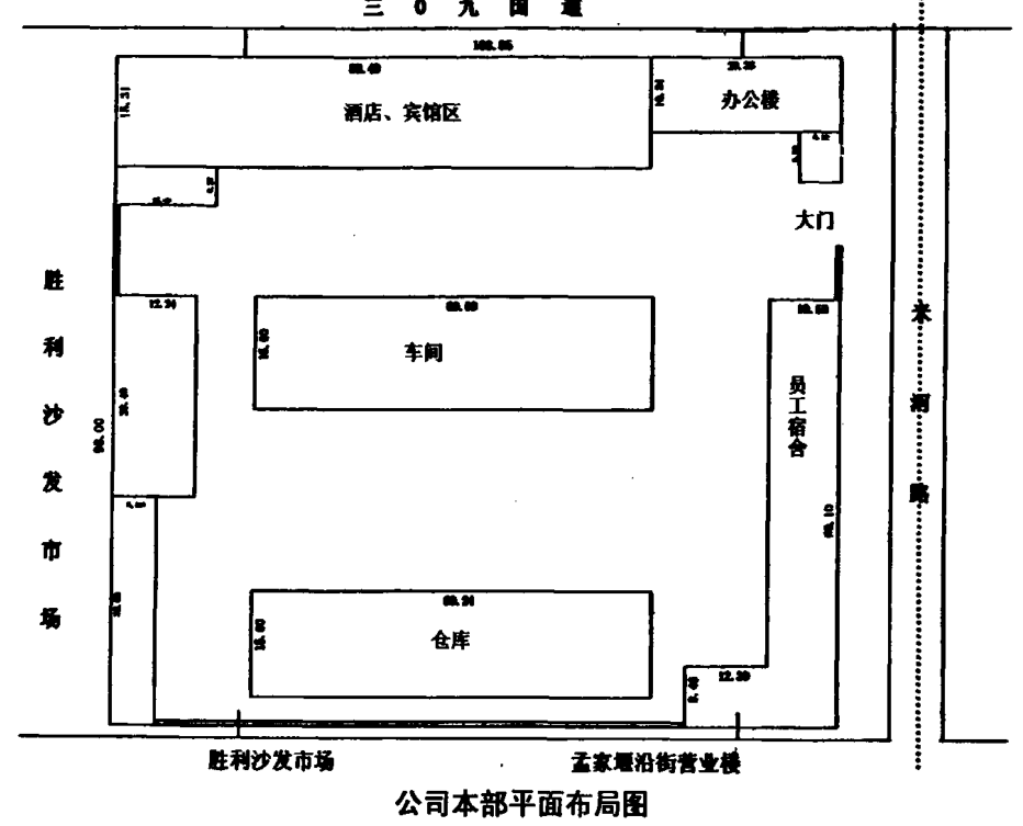 公司本部平面布局图，标有酒店、宾馆区、办公楼、车间、仓库等建筑分布