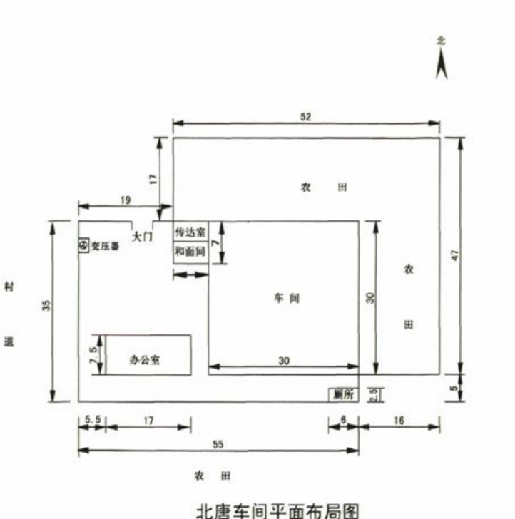 北唐车间平面布局图，包含尺寸标注和各功能区文字