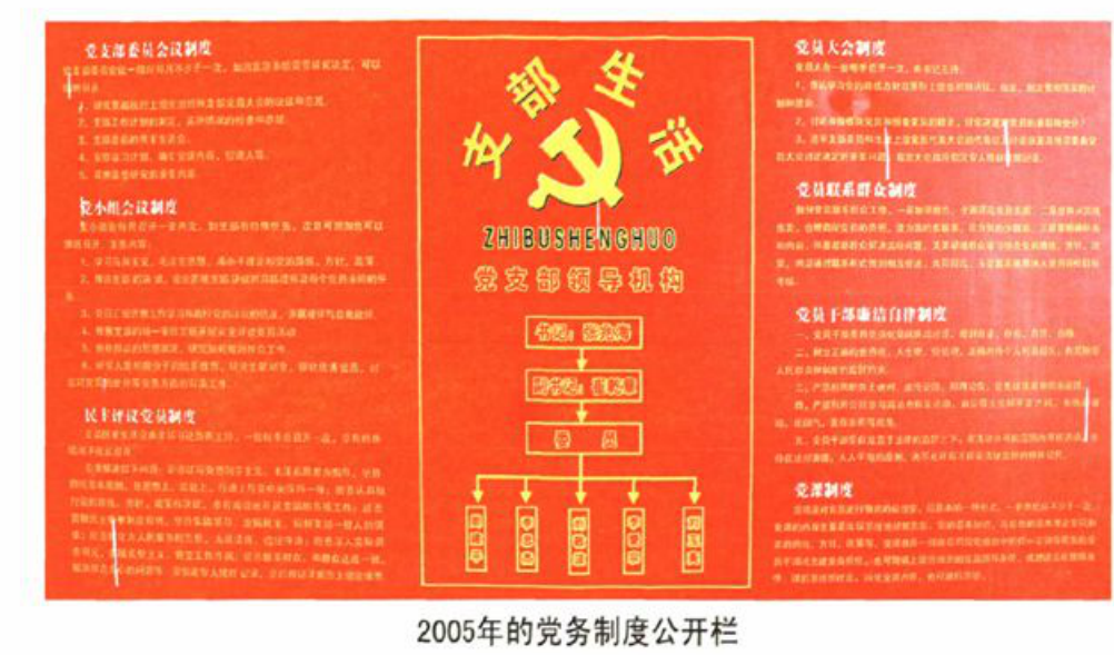 展示党支部领导机构和多项党务制度的图表，中间带有党徽标志