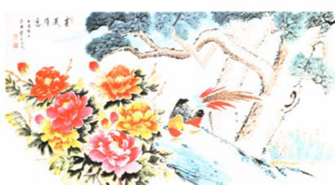 一幅绘有牡丹花与鸟的国画作品