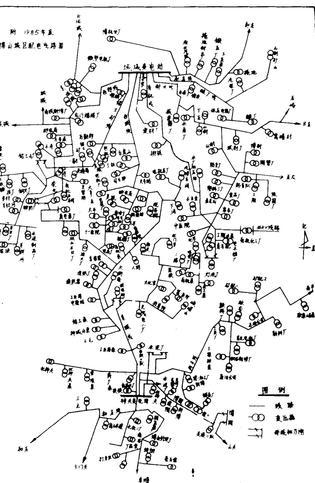 1985年底博山区配电线路图，带有图例及线路网络标注。