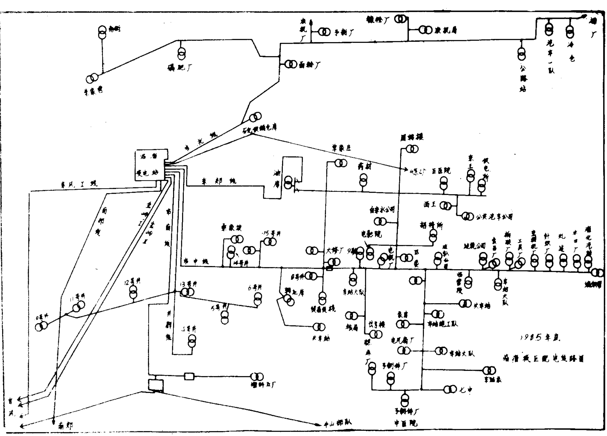 电路图或电力网络示意图，包含大量连接线路、变压器符号和文字标注